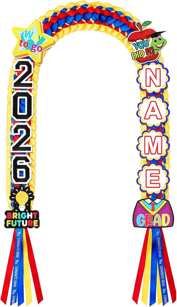 Kindergarten Graduation Ribbon Leis Class of 2026 Braided Necklace Making Kit with Alphabetic Decorative Cards Preschool Kids Grad Graduation Party Gifts(Red, Yellow, Blue)