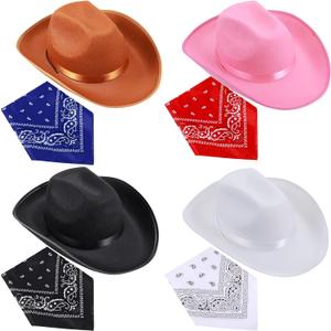 4 Set Cowboy Hats Party Costume Faux Suede Hat and Bandana Bachelorette Cowgirl Hat Western Accessory for Bridal Shower Decor