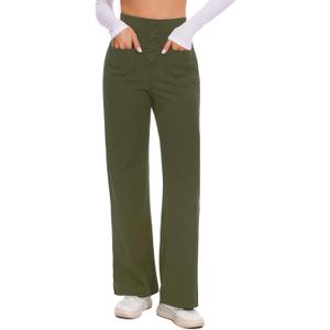 Desol Women's Straight Leg Pants High Waisted Button Stretchy Work Pants Business Casual Work Trousers with Multiple Pockets (X-Large, Olive)