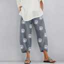 Linen Capri Pants for Womens Casual Cotton Cropped Elastic Waist Lounge Baggy Palazzo Trousers with Pockets L