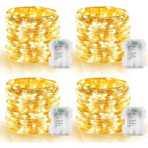 4 Pack Battery Operated Fairy Lights 16.4 Ft 50 LED Christmas Fairy Lights with Auto Timer 8 Modes, Waterproof Silver Wire Battery Twinkle Lights for Wedding Christmas Decor (Warm White)