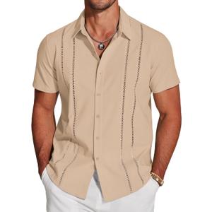 COOFANDY Men's Cuban Guayabera Shirt Short Sleeve Button Down Shirts Casual Summer Beach Linen Shirts (White)