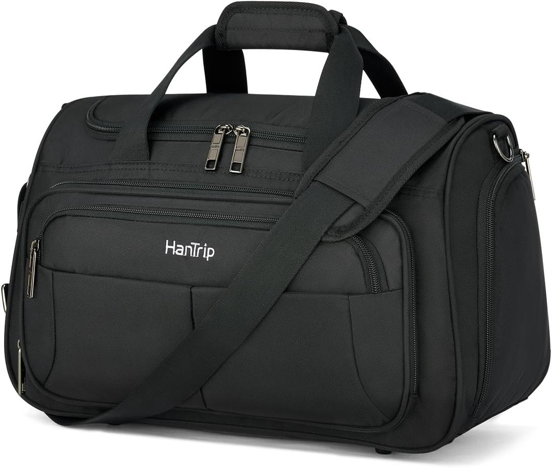HanTrip Carry on Duffel Bag Foldable Duffle Bags for Travel, Under Seat Personal Item Bags for Airplanes, Weekender Overnight Mens Travel Tote Bag for Women Small Softside Carry on Luggage (Black), Carry-on 16.5-Inch
