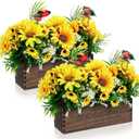 2 Pack Artificial Flower Centerpiece for Dining Table, Rustic Sunflower Flower Arrangement Wooden Planter Box Tray Spring Floral Arrangement for Farmhouse Wedding Reception Kitchen Decor