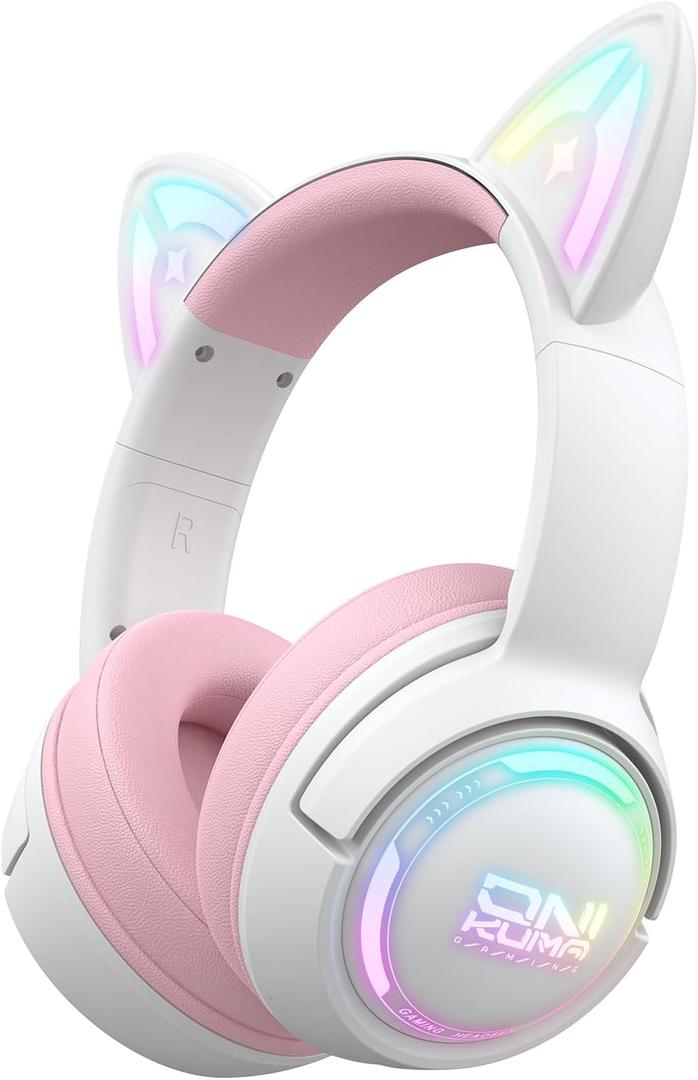 Wireless Cat Ear Gaming Headset with RGB Lights – Tri-Mode (2.4G Wireless/Bluetooth/Wired) Over-Ear Headphones with Mic, 50mm Drivers, Low Latency, Long Battery, Type-C Fast Charging (Pink)