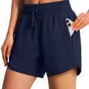 Ksmien Women's 5" Athletic Running Shorts Quick Dry Lightweight Workout Gym Shorts with Zipper Pockets UPF 50+ (Large, Navy Blue)