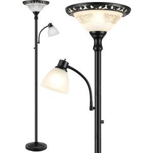 Torchiere Floor Lamps for Living Room, 71" Tall Standing Lamp with Thick Glass Shade, Metal Pole & Heavy Base, Vintage Corner Lamp with Reading Light Home Decor for Bedroom Office, 3CCT Bulb Included (2-Head)
