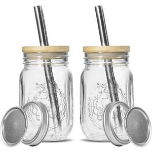 16oz Glass Mason Cup with Bamboo Lids, 2Pack Wide Mouth Mason Jars, Boba Cups with Lids and Straw, for Iced Coffee Juice Milkshake Tea 