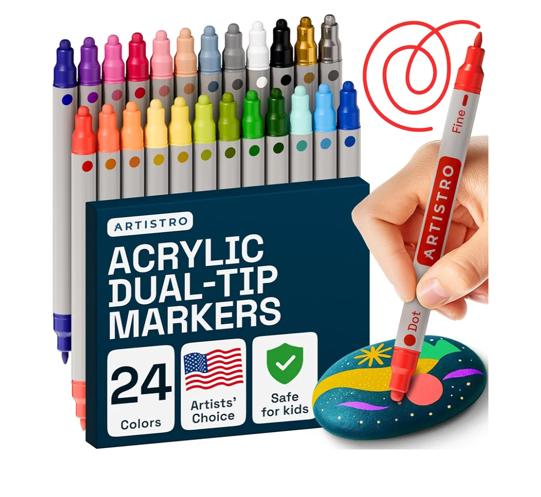 ARTISTRO Vibrant Acrylic Paint Markers for Rock, Fabric, Glass, Wood, Paper, Ceramic, Canvas & More - 24 Dual-Tip Acrylic Paint Pens (Dot & Fine) - Smooth Flow, Quick Dry, Low-Odor