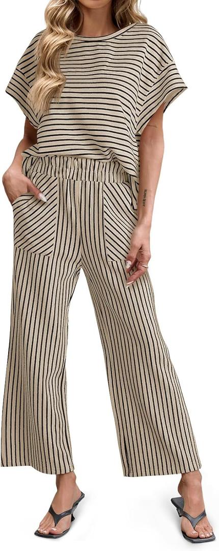 Tankaneo Womens Striped 2 Piece Sets Short Sleeve T Shirts Wide Leg Pants Matching Lounge Set with Pockets (XX-Large, Pink) Tankaneo Womens Striped 2 Piece Sets Short Sleeve T Shirts Wide Leg Pants Matching Lounge Set with Pockets (XX-Large, Pink)