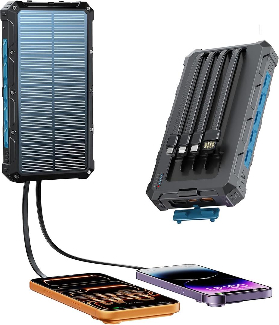 Solar-Charger-Power-Bank - 20000mah Solar Powered Battery Charger Cell Phone,20W Fast Charging Built in Cables,Camping Essentials Portable External Battery Pack Compatible with Multiple Devices