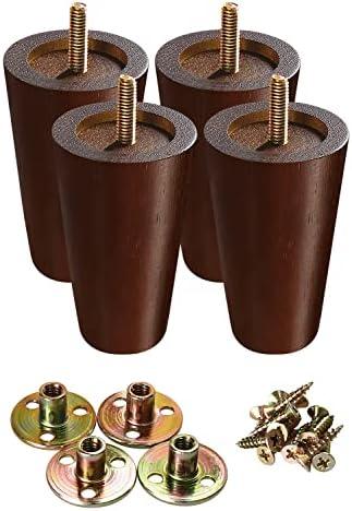 Wood Furniture Legs 4 Inches, Round Brown Sofa Legs Set of 4, Chair Legs, Replacement Couch Legs for Armchair, Cabinet, Mid Century Modern Dresser Or Home DIY Projects Bun Feet