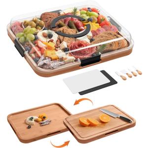 Charcuterie Board with Clear Lid, 2 Side Bamboo Cheese & Cutting Board for Entertaining, Includes 2 Plastic Cutting Mats & 4 Cheese Knives, Travel Snack Tray with lid, Charcuterie Boards Gift Set
