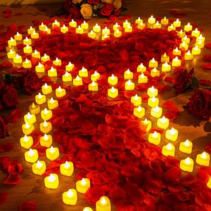 Coume 6000 Pcs Artificial Rose Petals with 120 Pcs Heart LED Tea Lights Candles Kit Rose Petals Candles Set for Romantic Night Anniversary Proposal Wedding Date Table Hotel Decor(Warm White Light)