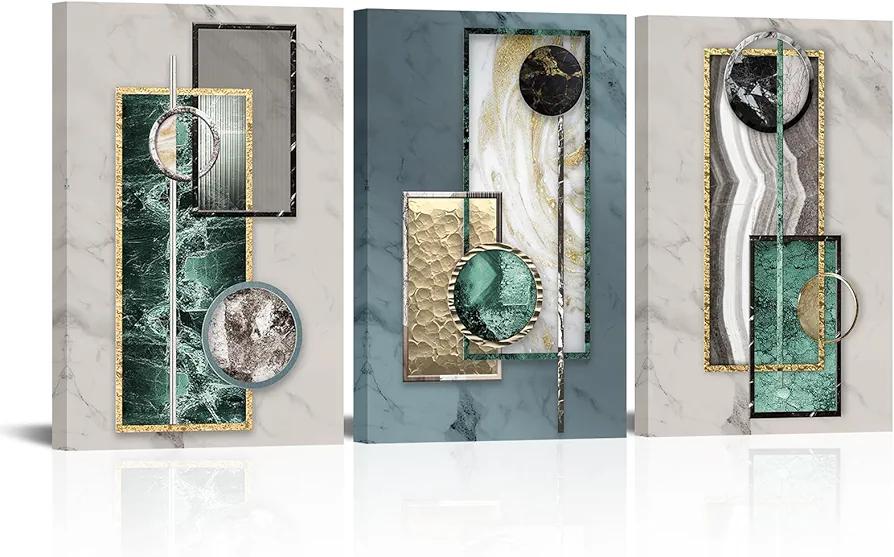 KLVOS 3 Pieces Abstract Canvas Wall Art Teal and Grey Geometric Circle Painting Pictures Minimalist Artwork Prints Modern Office Home Decor Framed
