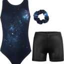 JESKIDS Gymnastics Leotards for Girls Dance Unitards Biketards Matching Shorts Activewear Suits for Girls 4-13 Years (8-9 Years, Black Cosmic)