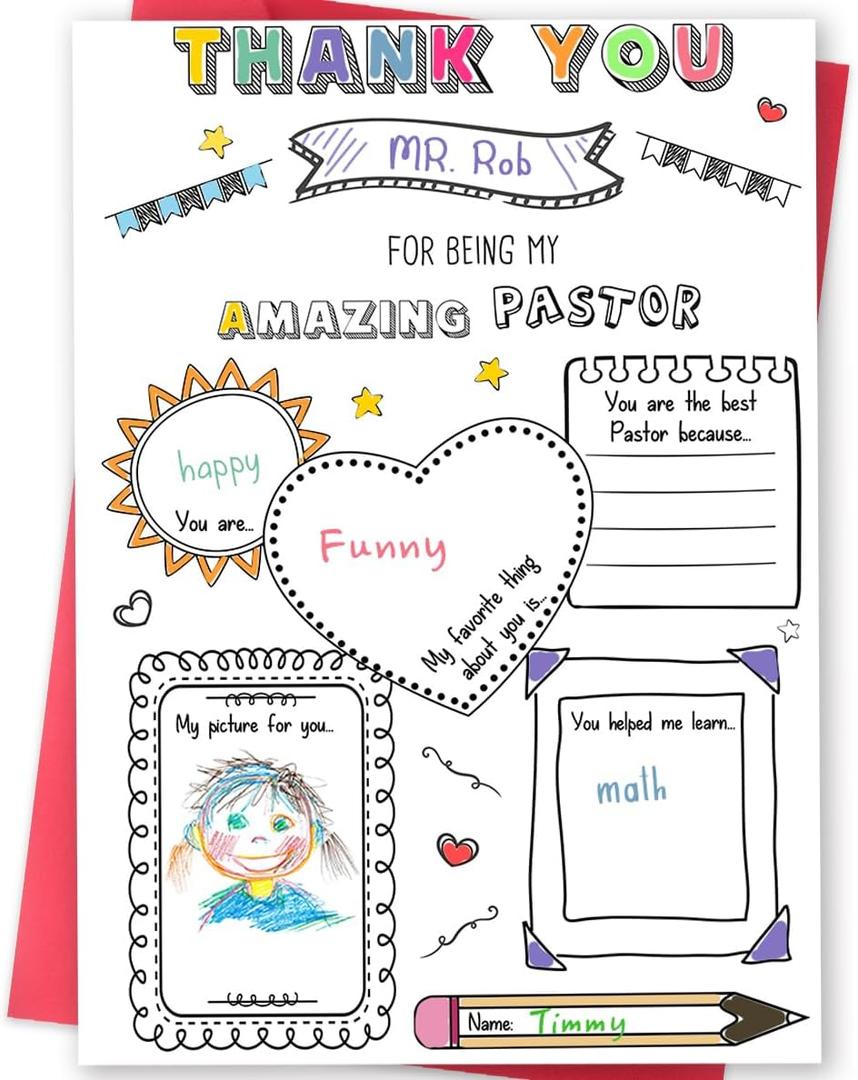 4 x Pastor Appreciation Card, Thank You Greeting Card for Pastor from Kids and Church Members, DIY Fill-in and Coloring Card with Envelope, 8 x 5.3 Inch