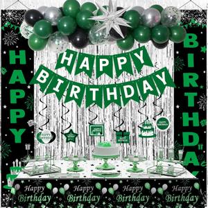 Green Birthday Decorations for Men Boys, Green and Black Party Decorations Happy Birthday Decoration, Happy Bday Banner Balloons Tablecover Fringe Curtain Door Banner, Mens Boy Bday Party Decor