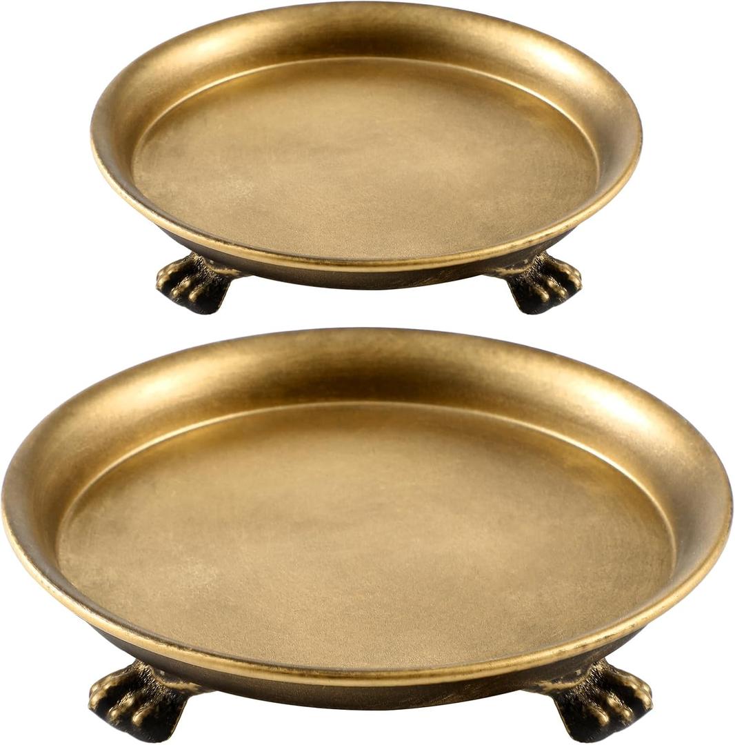 Zonon 2 Pack Brass Color Metal Clawfoot Dish Pedestal Dish Candle Tray Round Clawfoot Candle Holder Decorative Jewelry Stand for Wax Jewelry Ring Trinket Coffee Table Centerpiece Cosmetic Home