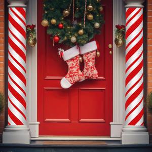 Suncalla 2 Pack Christmas Candy Cane Design Column Wraps 108 x 54 Inch Candy Cane Striped Disposable Porch Column Wraps with 1 Roll Tape Red and White Christmas Striped Pillar Cover for Xmas Decor