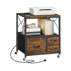 MAHANCRIS File Cabinet with Charging Station, 3 Drawer Lateral Filing Cabinet for Home Office, Mobile Printer Stand with Open Shelf, Fits A4/Letter Size File, Nonwovens Drawer, Rustic Brown FCHR98E01