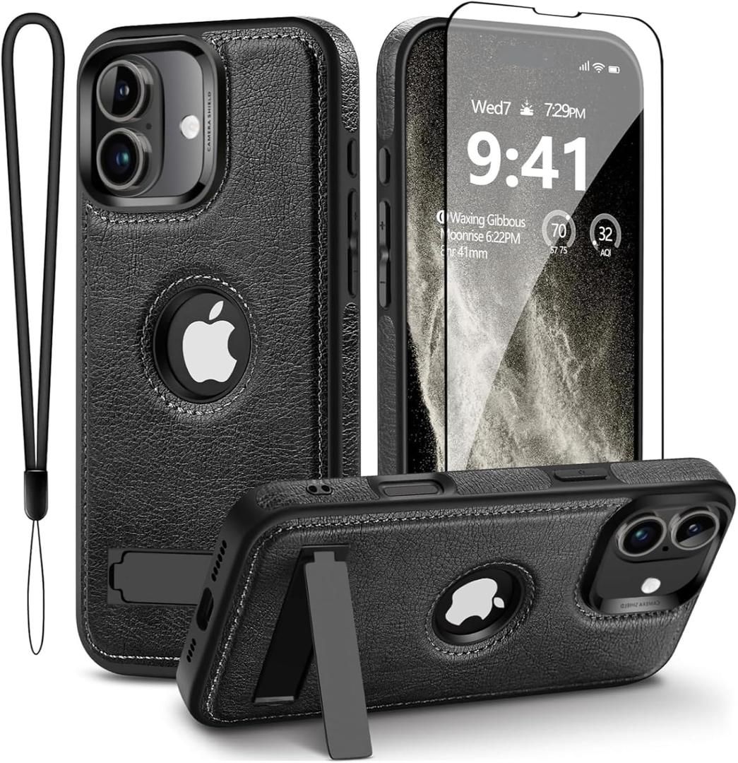 for iPhone 17 Case [Compatible with Magsafe] 6.3 Inch, Leather Magnetic Case with Invisible Kickstand, Upgraded N56 Strong Magnet Slim Cover, Wireless Charging, Black