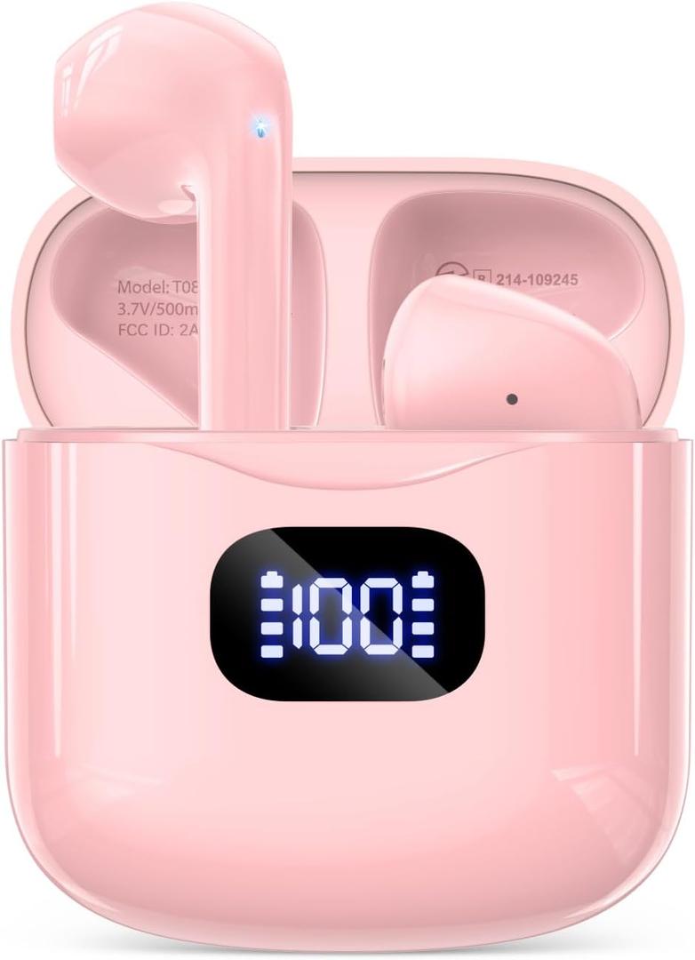 KTGEE Wireless Earbuds Bluetooth 5.3 Headphones, 40Hrs Playback Stereo Ear Buds with LED Display Charging Case IPX7 Waterproof in-Ear Earphones with Mic for Phone Tablet Laptop Sports, Pink