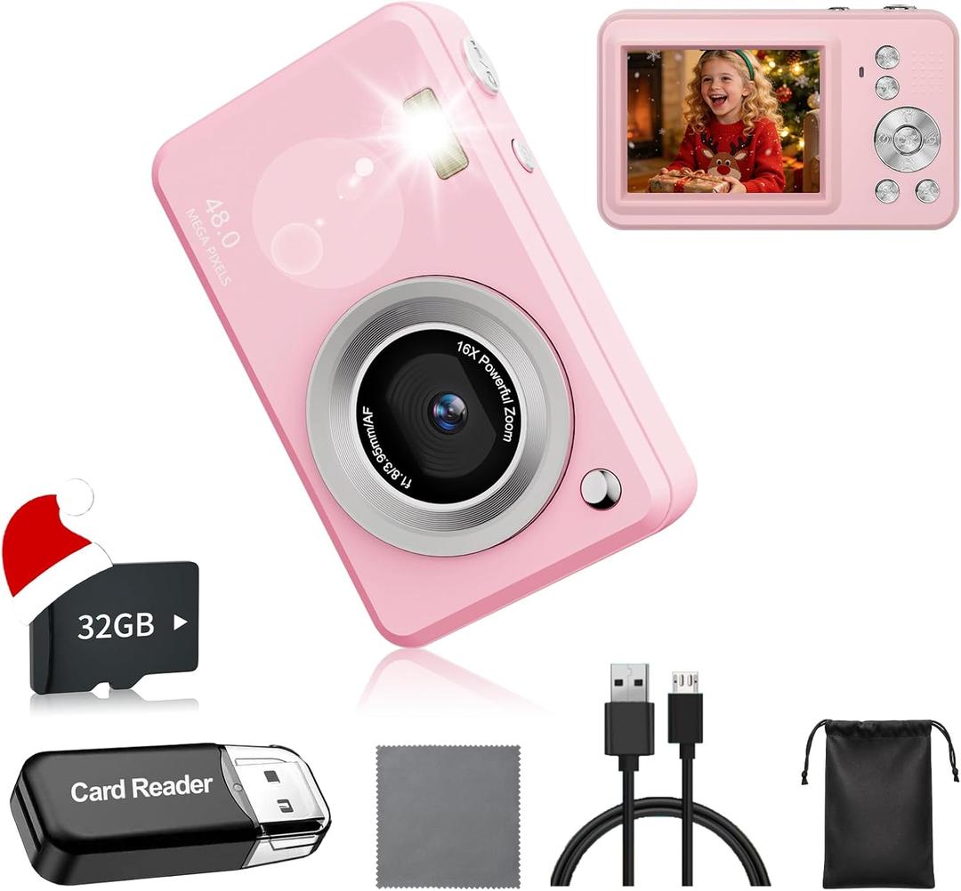Digital Camera with 32GB Card,48MP Compact Portable Small Point Shoot Camera,FHD 1080P Point and Shoot Digital Cameras with 16X Zoom,for Boys Girls Teens Gifts (Pink)