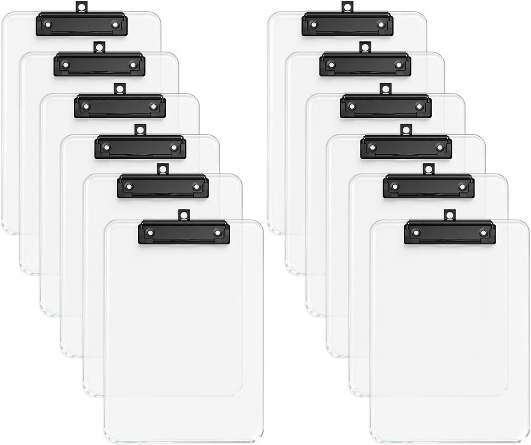 A4 Plastic Clipboard Set of 12, Clear 12.5 x 9 Letter Size for Classroom, Students, Teacher, Nurse, A4 Transparent 8.5 x 11 Clip Board with Low Profile Black Clip, Office & School Supplies