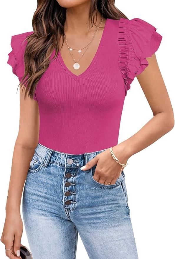 MISSJOY Womens V Neck Ruffle Short Sleeve Ribbed Slimming Basic Bodysuit Leotards Tops Blouses,Pink, Size L
