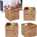 JCLD&YO9 Foldable Handwoven Water Hyacinth Storage Baskets Wicker Cube Baskets Rectangular Laundry Organizer Totes,Set of 4 Pcs,12x12x12inch
