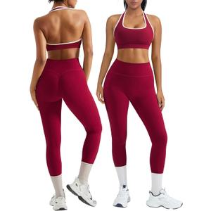 OMKAGI 2 Piece Workout Sets for Women Halter Sports Bras Gym Sets Booty Leggings Outfits (Medium, 524-red Plum White Piping)