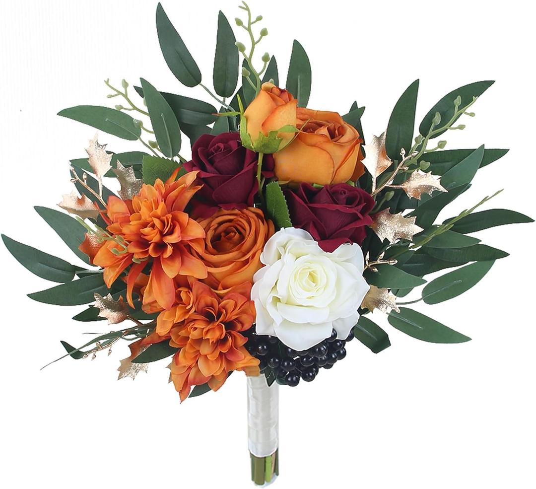 Rinlong 1Pc Fall Wedding Bouquets for Bridesmaids Burnt Orange Bridesmaid Artificial Flowers Terracotta Bouquet Wedding Prom Homecoming (one)
