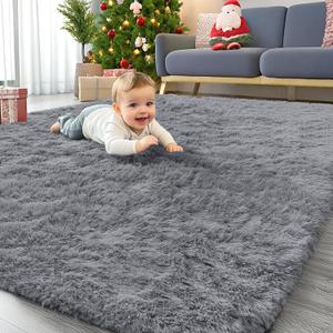 OLANLY Area Rugs for Living Room Bedroom, Machine Washable 4x5.9 ft Soft Fluffy Shaggy Bedside Rug, Indoor Floor Carpet for Kids Girls and Boys, Dorms, Nursery Rooms, Home Decor Aesthetic, Light Grey