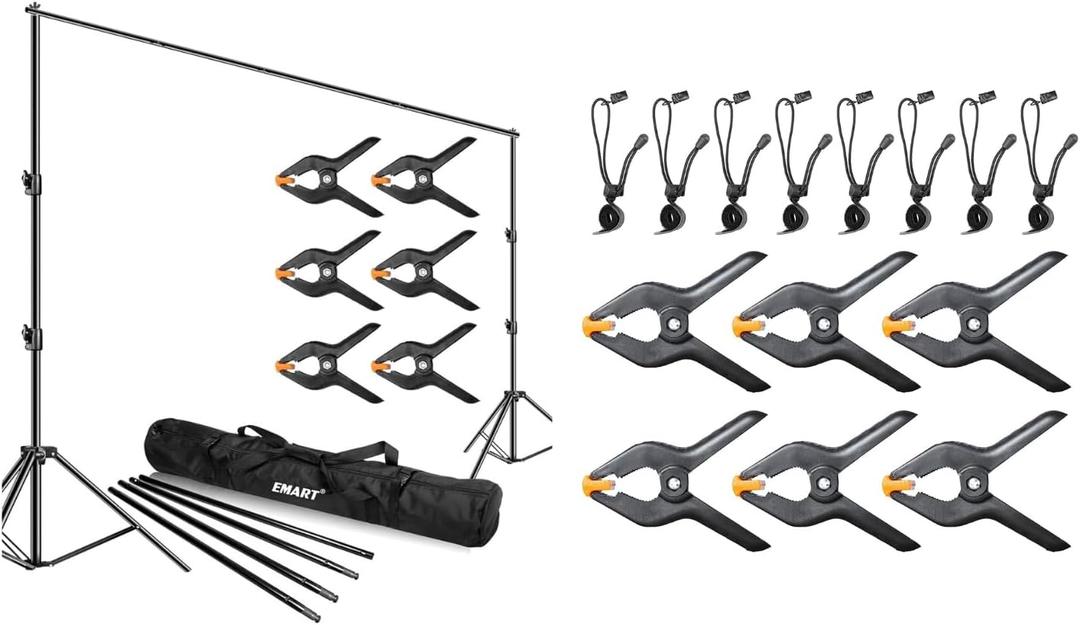 EMART Photo Video Studio Backdrop Stand, 4.5 inch Heavy Duty Backdrop Clamp Kit-6 Spring Clamps, 10x12ft Heavy Duty Adjustable Photography Muslin Background Support System Kit