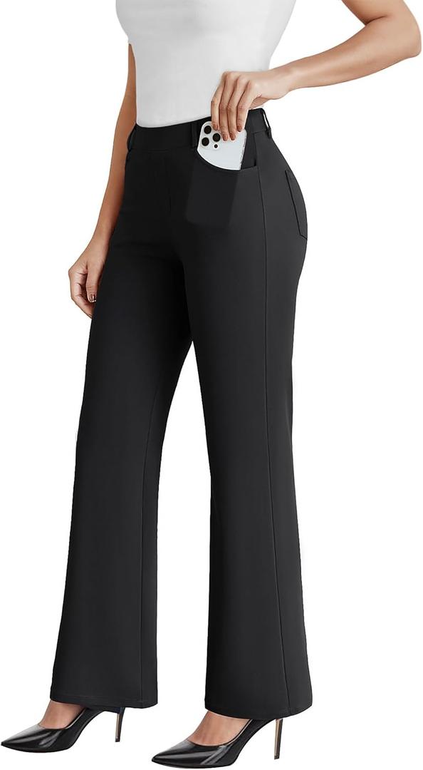 Dress Work Pants Women Business Casual Slack Trousers Stretchy Pull On Office Flare Pants with Pockets (Medium, Black)