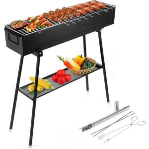IRONWALLS Portable Charcoal Grills Outdoor Cooking, Rectangular Folded Barbecue Grill 32, Stainless Steel Lamb Skewer Grill with 25pcs Kebab Skewer & Storage Shelf for Camping, Picnic, Commercial Use