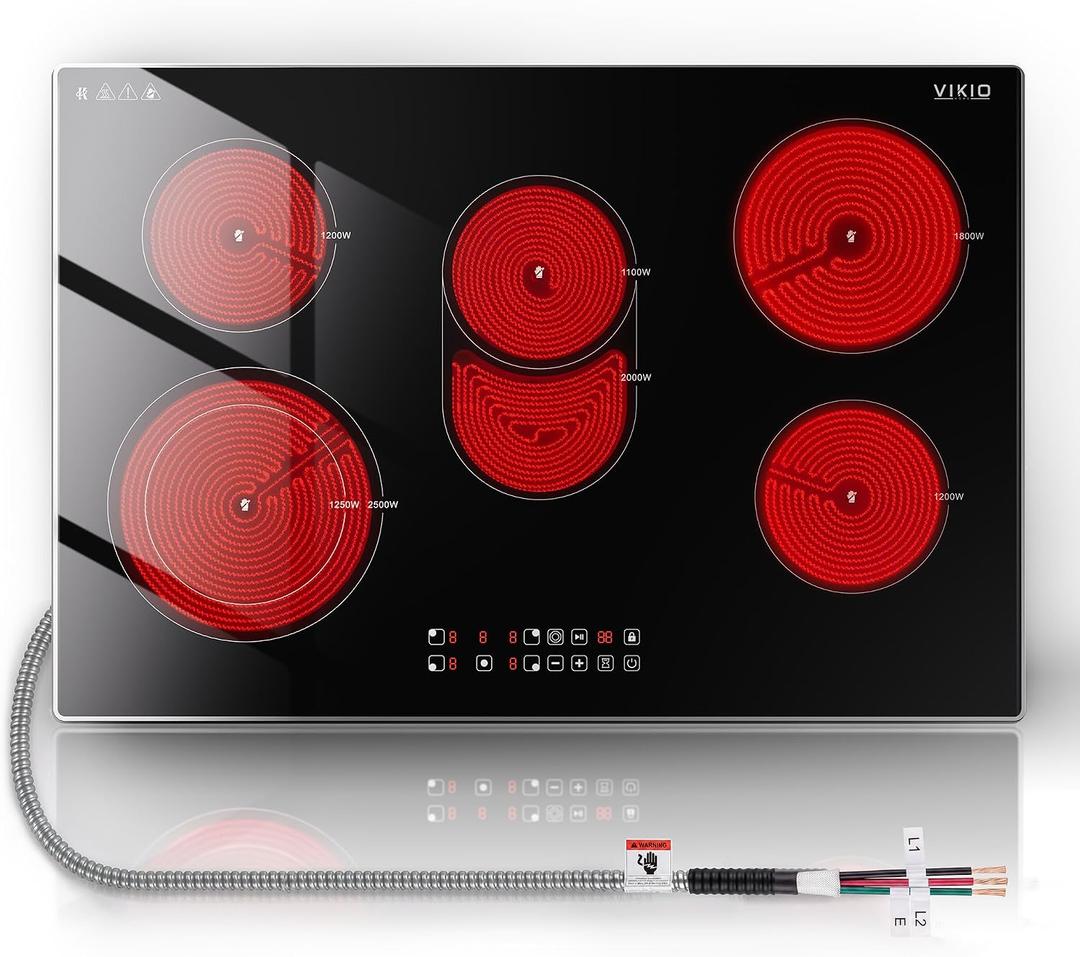 VIKIO HOME 30" Electric Cooktop 5 Burner 8700W, Built-in 220-240V Hardwired