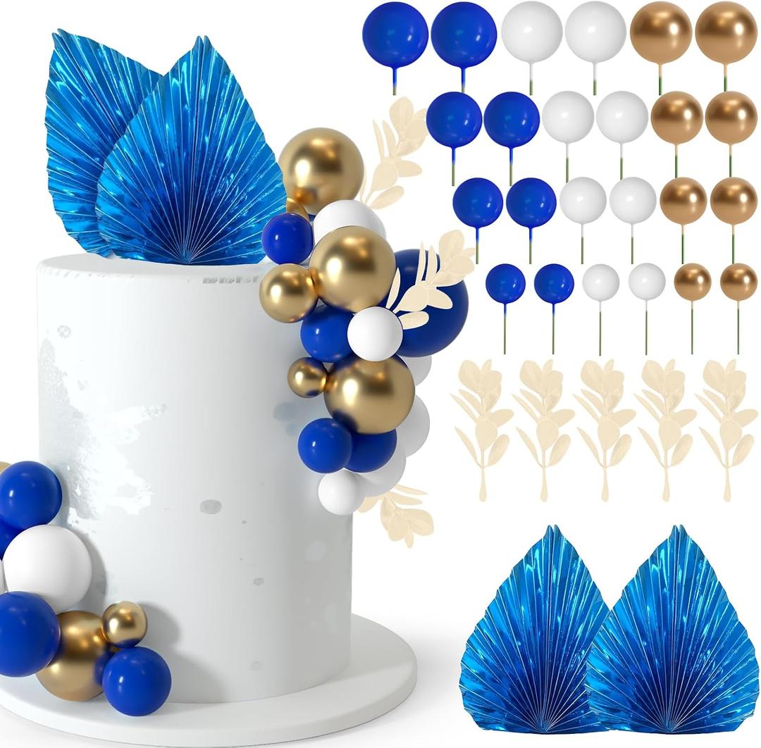 NEBURORA 64 Pcs Balls Cake Toppers and Leaves Decoration Set Mini Balloons for Cake Decorating Supplies Balls Cake decorations for Baby Shower Cake Toppers Birthday Cake Decorations(Blue Gold