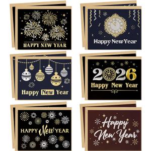 WorldBazaar 2026 Gold Foil New Year Cards with Envelopes 24 Pcs Happy New Year Greeting Card Holiday Cards for Business Office
