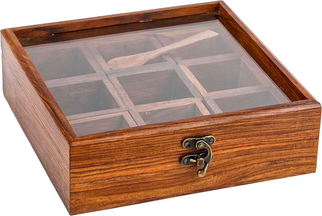 INTAJ Handmade Spice Box - Wood Spice Containers for Kitchen - Rosewood Spice Racks Organizers Handcrafted - Wooden Masala Box (Rosewood, 8x8x2.5-9 Racks)