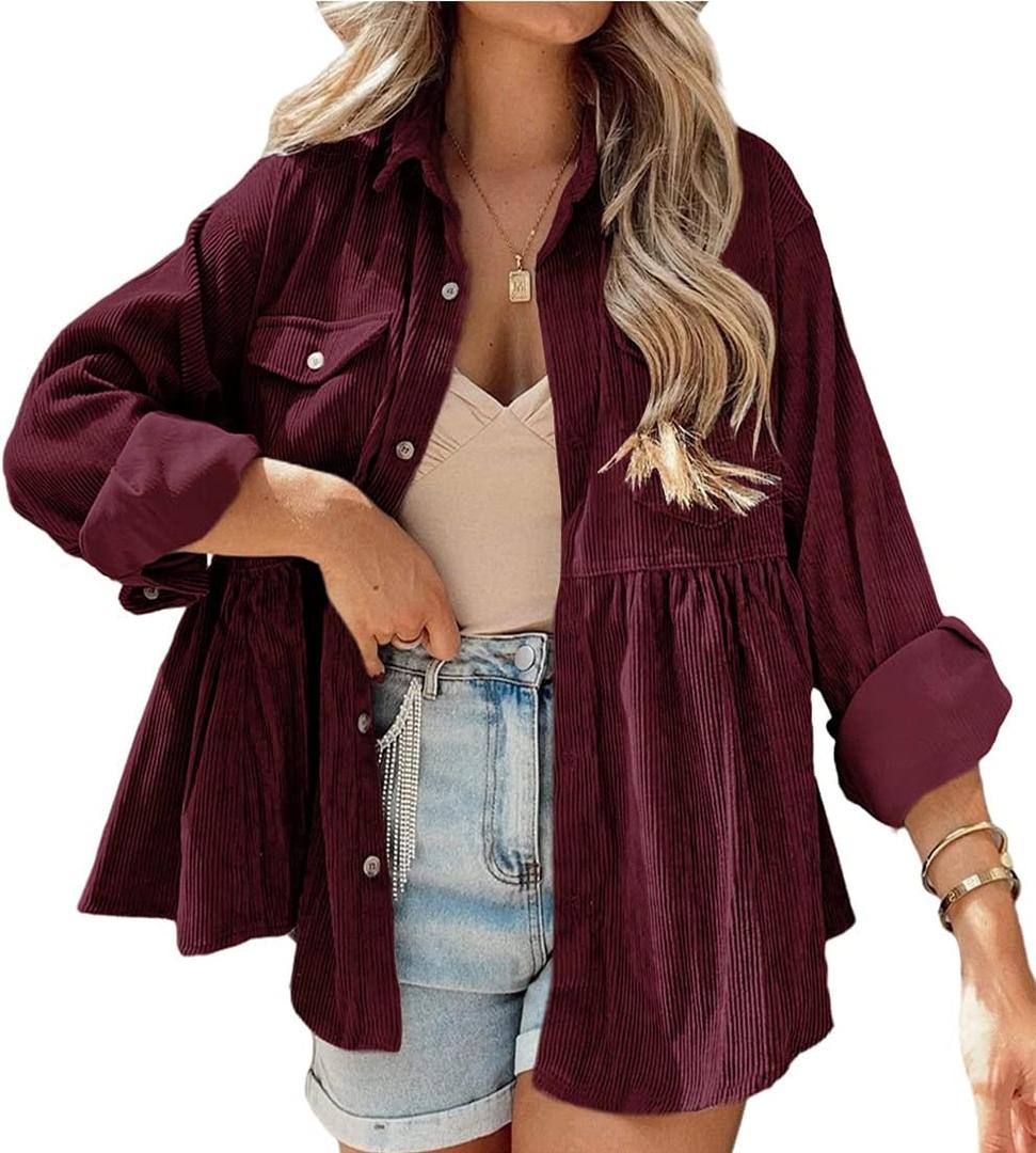 Womens Corduroy Peplum Shirts Tops Cute Long Sleeve Button Down Blouses with Pockets (Medium, Burgundy)