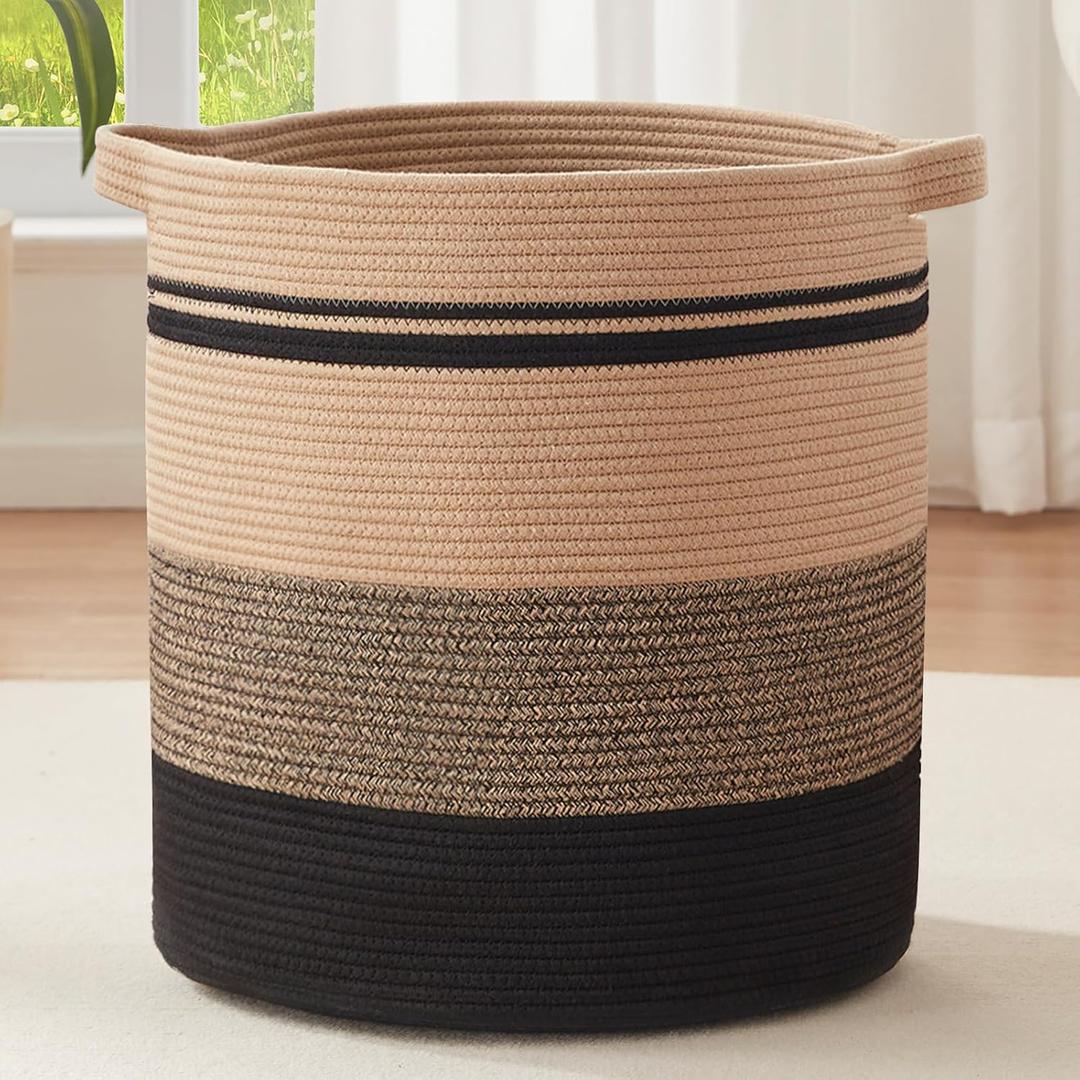 Woven Laundry Basket Hamper, 80L Tall Basket for Blanket Storage, Cotton Rope Decorative Storage for Living Room, Baby Hamper Dirty Clothes for Nursery (Black & Brown)