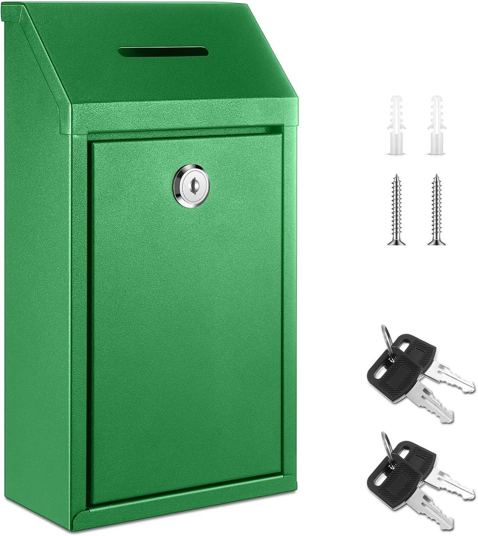 Yaocom Metal Money Drop Donation Cash Box for Farm Stand Collection Safe Suggestion Box with Lock Wall Mounted Mailbox Container for Home Office Outdoor(Green,10.24 x 5.71 x 2.95 Inch)