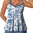 Summer Mae Halter Tankini Swimsuits for Women 2025 Tummy Control 2 Piece Bathing Suit High Waisted Swimwear with Shorts (16, Blue Flower)