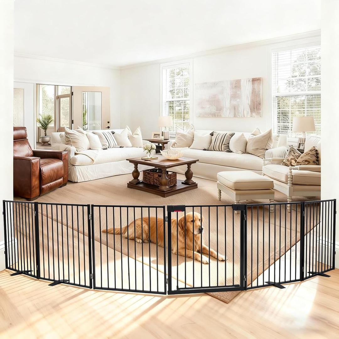 156" Extra Wide Dog Gate, Heavy Duty Metal Freestanding Dog Gate with Door for Indoor & Outdoor, Foldable Pet Fence for Doorways,House,Porch,Deck,Yard,Stairs, Auto Close(6 Panels,Black)