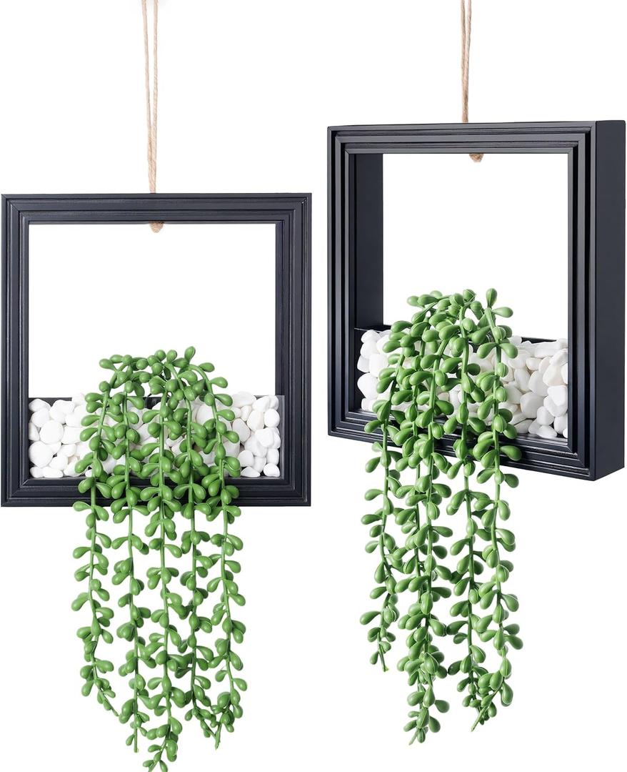2 Pack Fake Plants Hanging, Artificial Succulents Plants in Square Wooden Frame with LED Lights, Boho Wall Decor for Office Living Room Bathroom Bedroom Kitchen Indoor Outdoor, Black