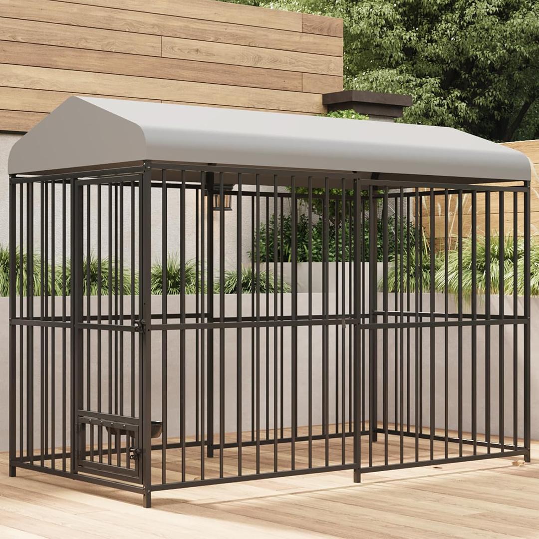 8x4x6 FT Large Dog Kennel Outside, Heavy-Duty Outdoor Cage with Lock and Waterproof Roof, Swivel Stainless Steel Feeding Bowl- Easy Assembly for Medium & Large Dogs.