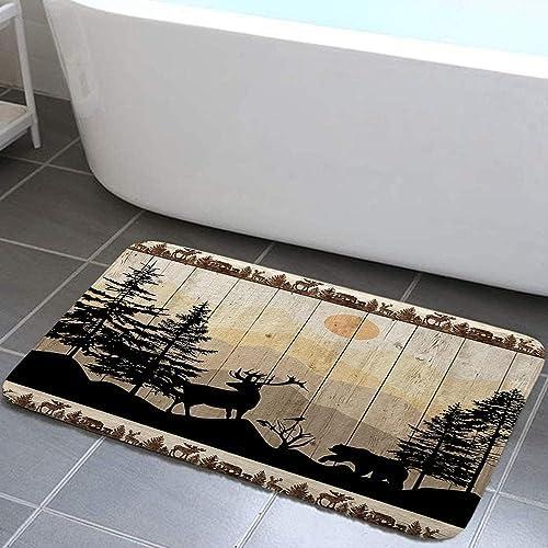 NYMB Rustic Cabin Bath Rugs for Bathroom, Cute Bear Deer Forest Print on Country Farmhouse Lodge Wooden Board Bathroom Rug Bath Mat Set Floor Mats, Wild Animas Vintage Doormat, (19X31in)