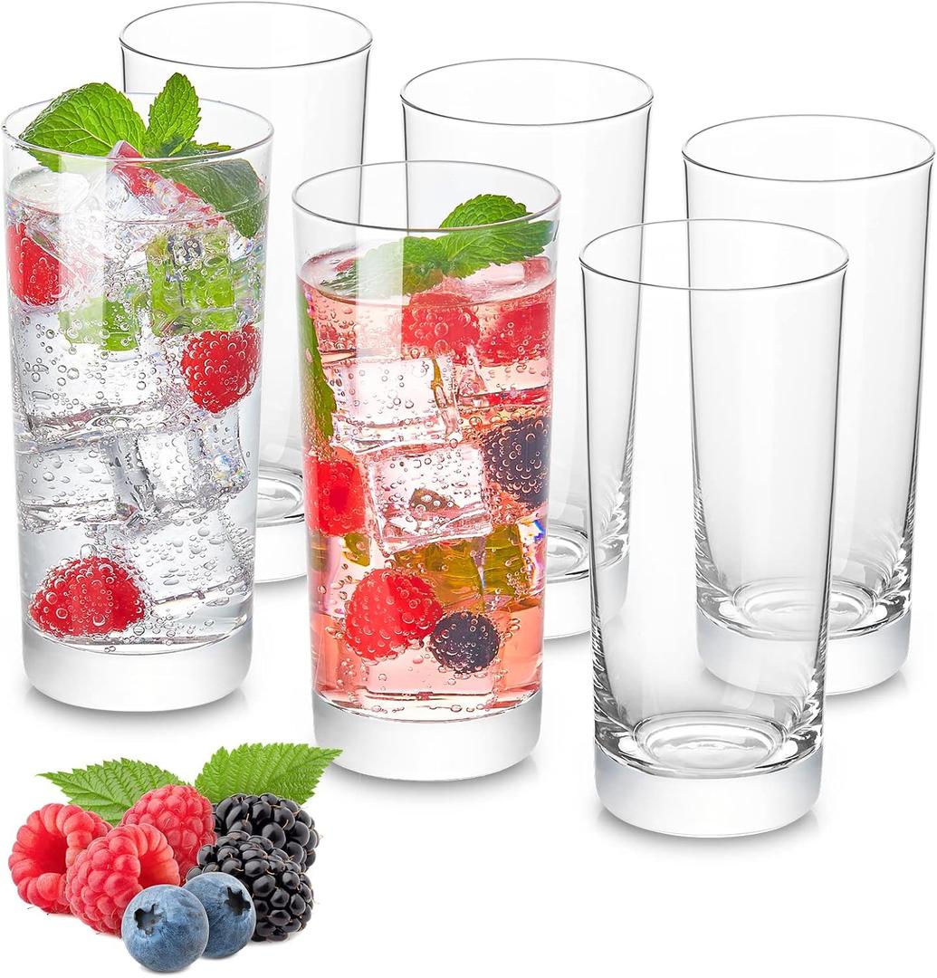Drinking Glasses Set of 6, 16 oz Tall Drinking Glasses Highball Glassware, Borosilicate Glass Crystal Highball Glasses, Tom Collins Bar Glassware, Water Glass Cups for Cocktail, Mojito Bar Glassware
